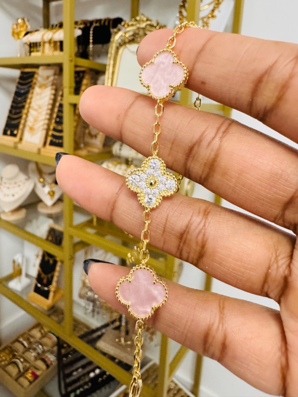Gold Chain Bracelet with Pink Clover Accents - Picture 2 of 11